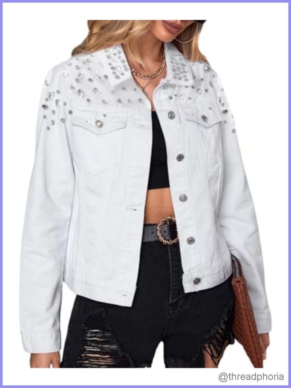 Womens Rhinestone Embellished Denim Jacket Button Down Trucker Coat